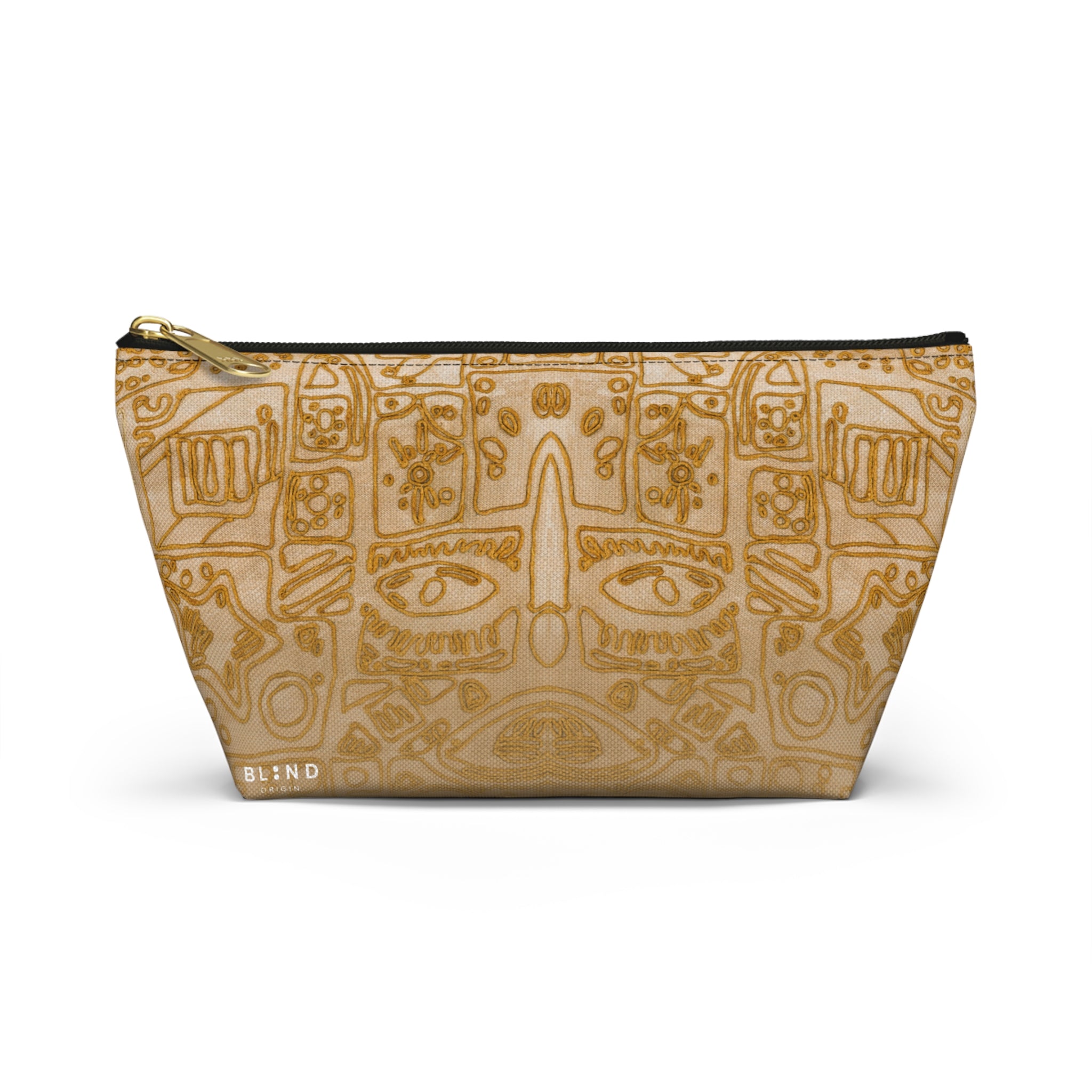 Gold Aztec Pattern Accessory Pouch — T‑Bottom Makeup & Travel Bag