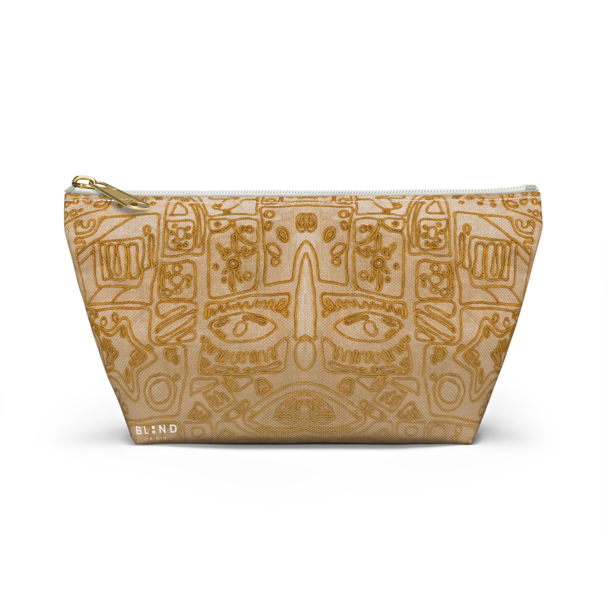 Gold Aztec Pattern Accessory Pouch — T‑Bottom Makeup & Travel Bag