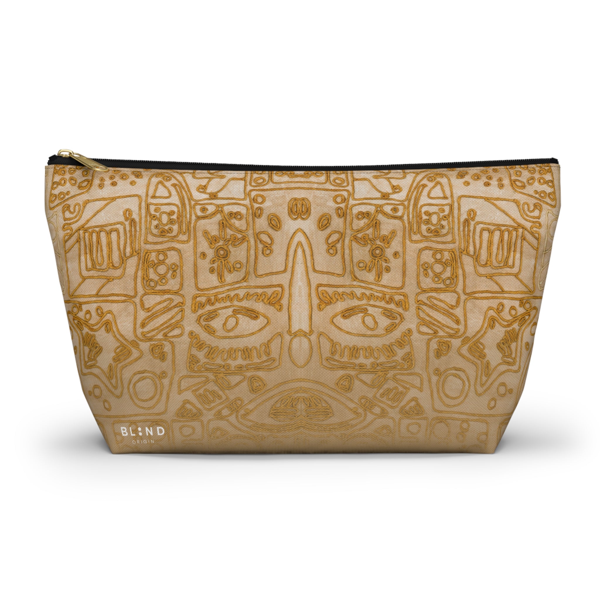 Gold Aztec Pattern Accessory Pouch — T‑Bottom Makeup & Travel Bag