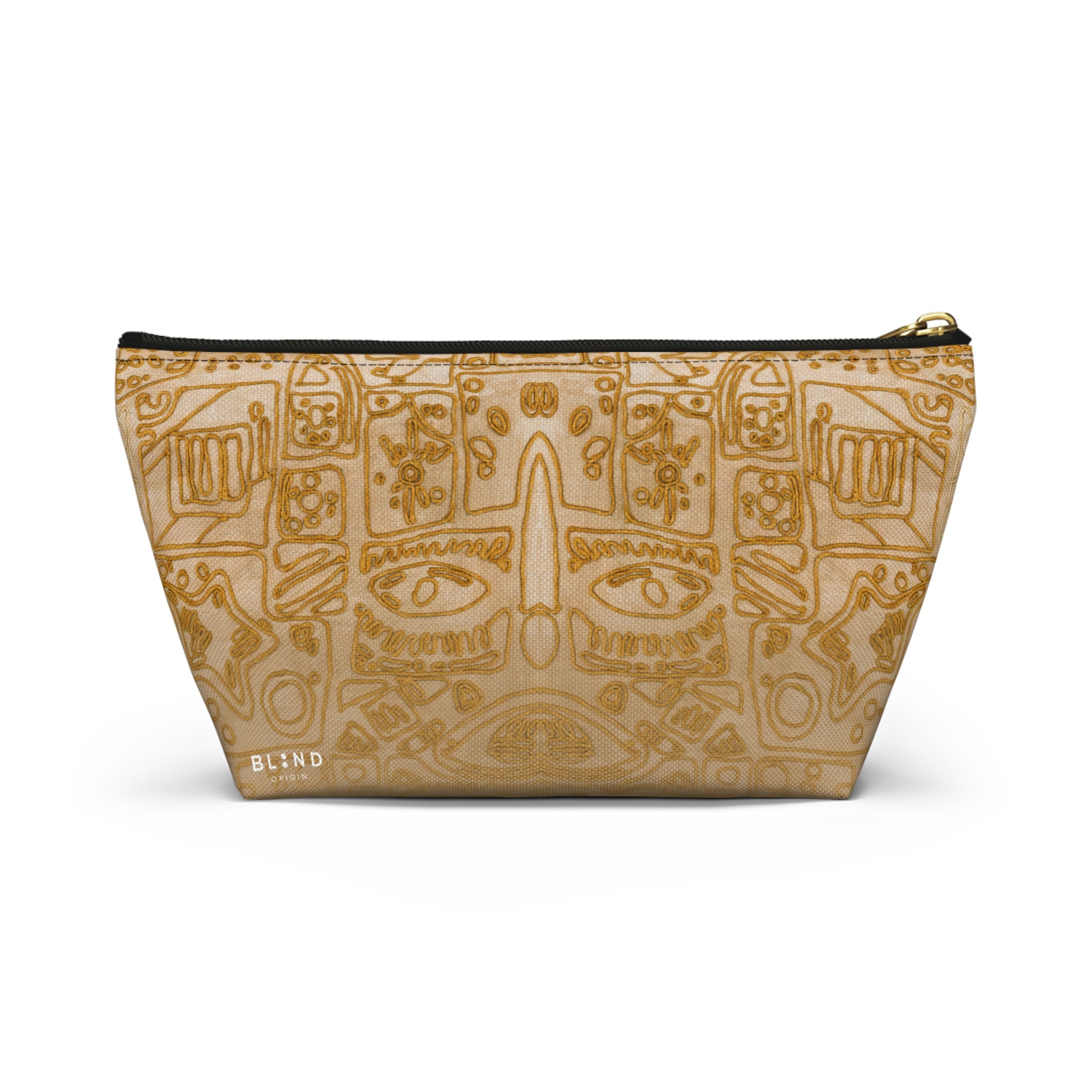 Gold Aztec Pattern Accessory Pouch — T‑Bottom Makeup & Travel Bag