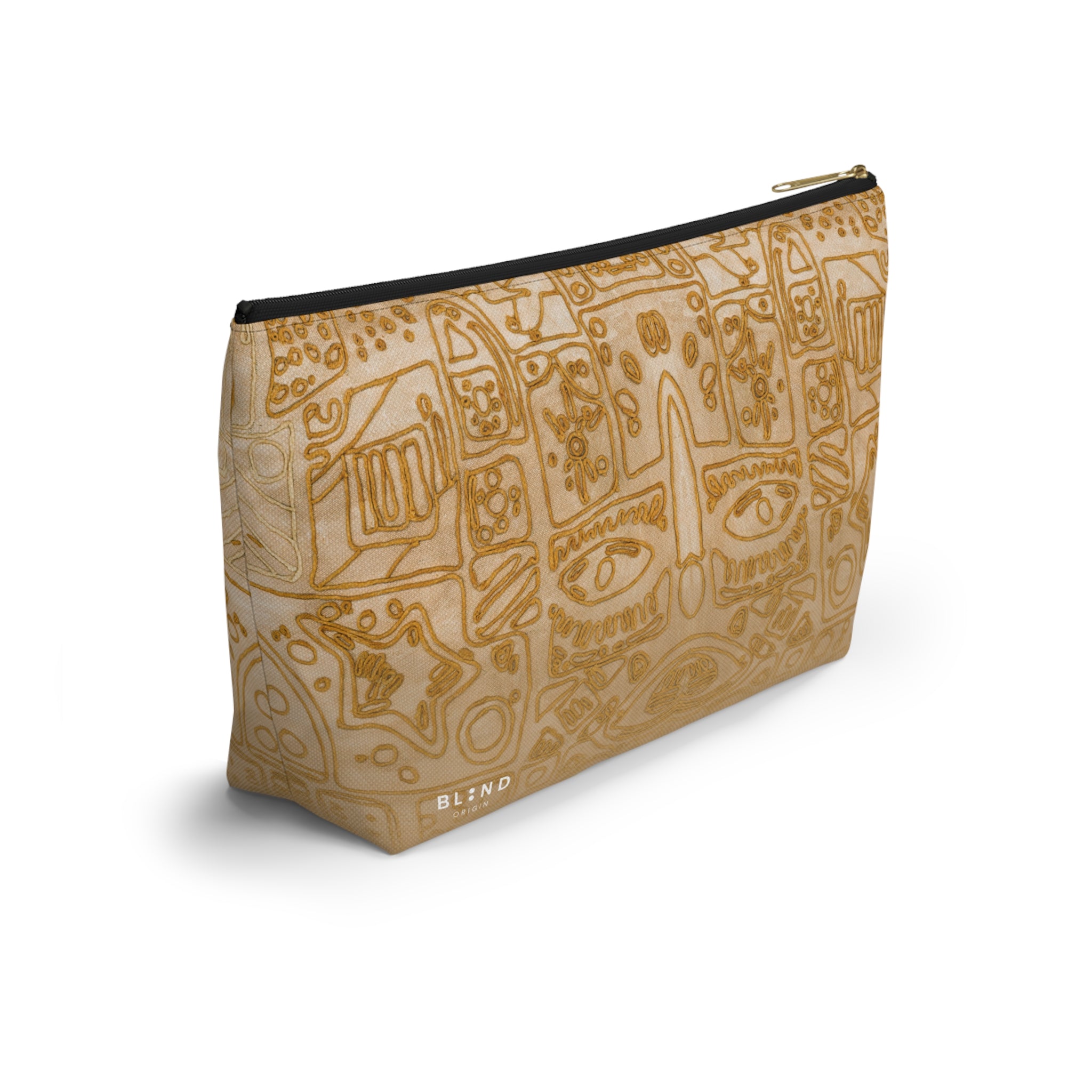 Gold Aztec Pattern Accessory Pouch — T‑Bottom Makeup & Travel Bag